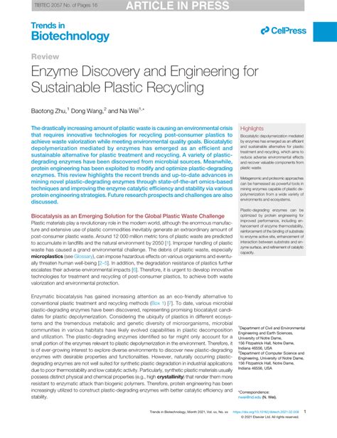 Enzyme discovery and engineering for sustainable plastic recycling.